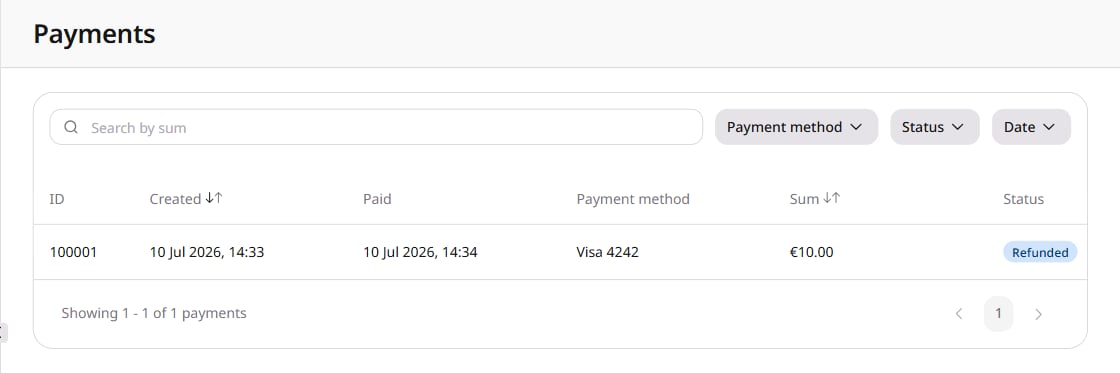 Payments page in the account settings