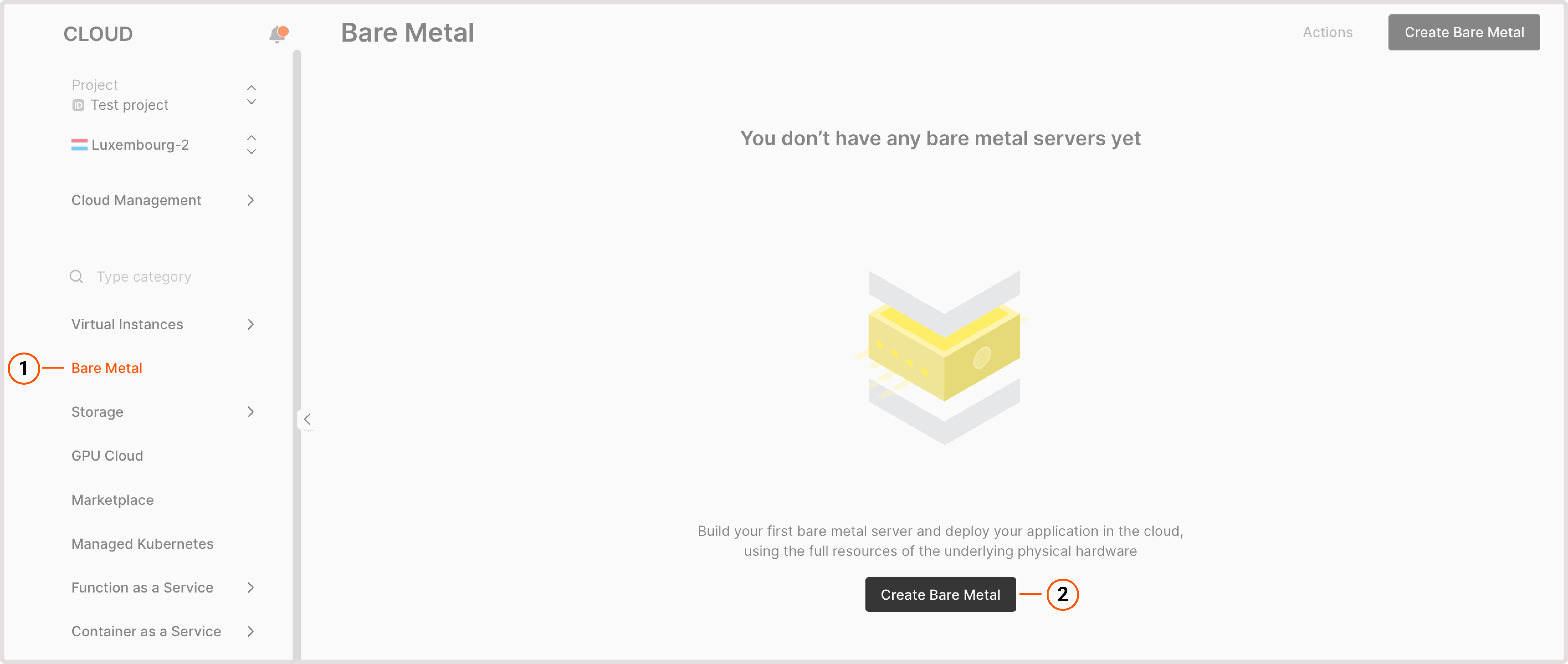 Bare metal page in Gcore Customer Portal