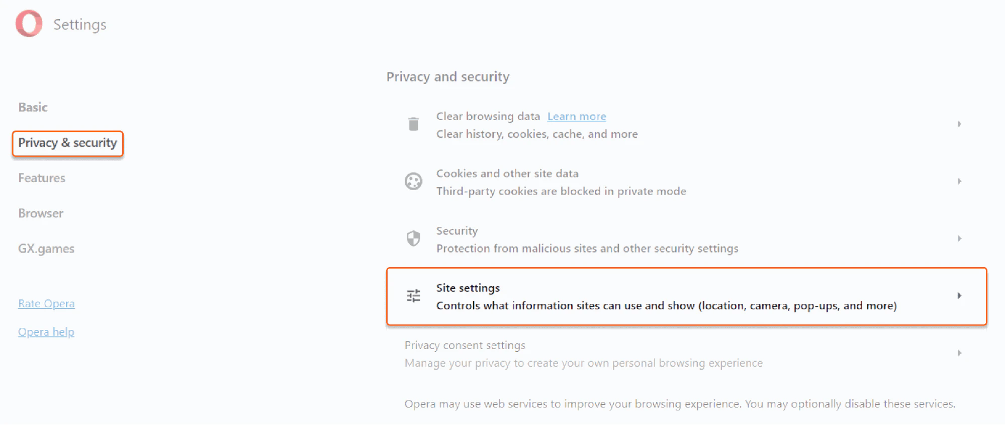 Opera browser settings