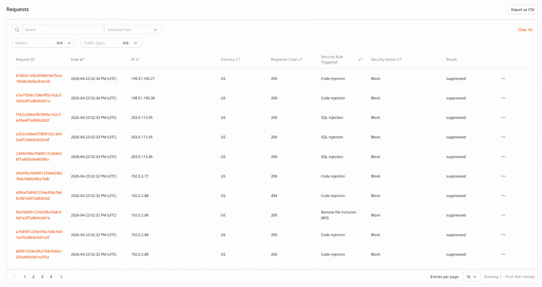Events page in the Customer Portal showing Requests table