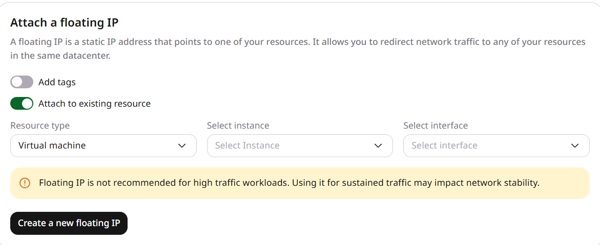 Floating IPs page with Attach to existing resource enabled