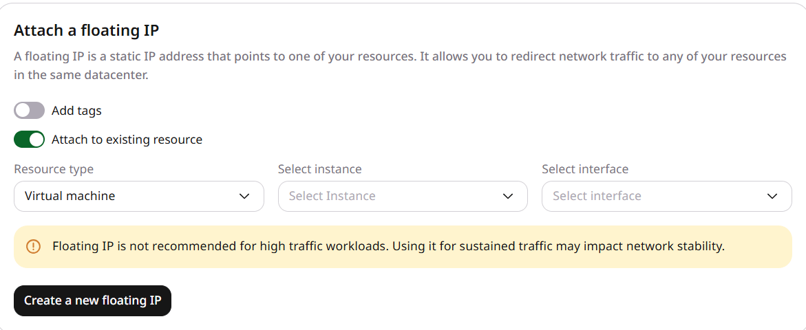 Floating IPs page with Attach to existing resource enabled