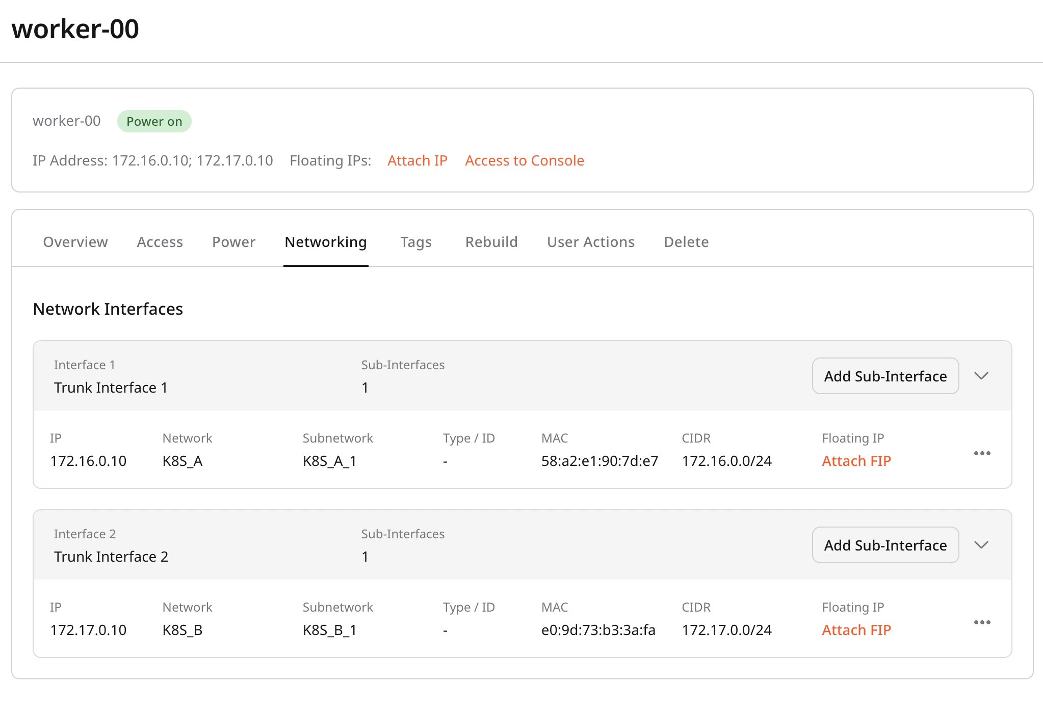 Bare Metal server Networking tab showing multi-bond configuration with Interface 1 (Trunk Interface 1) and Interface 2 (Trunk Interface 2), each with one sub-interface