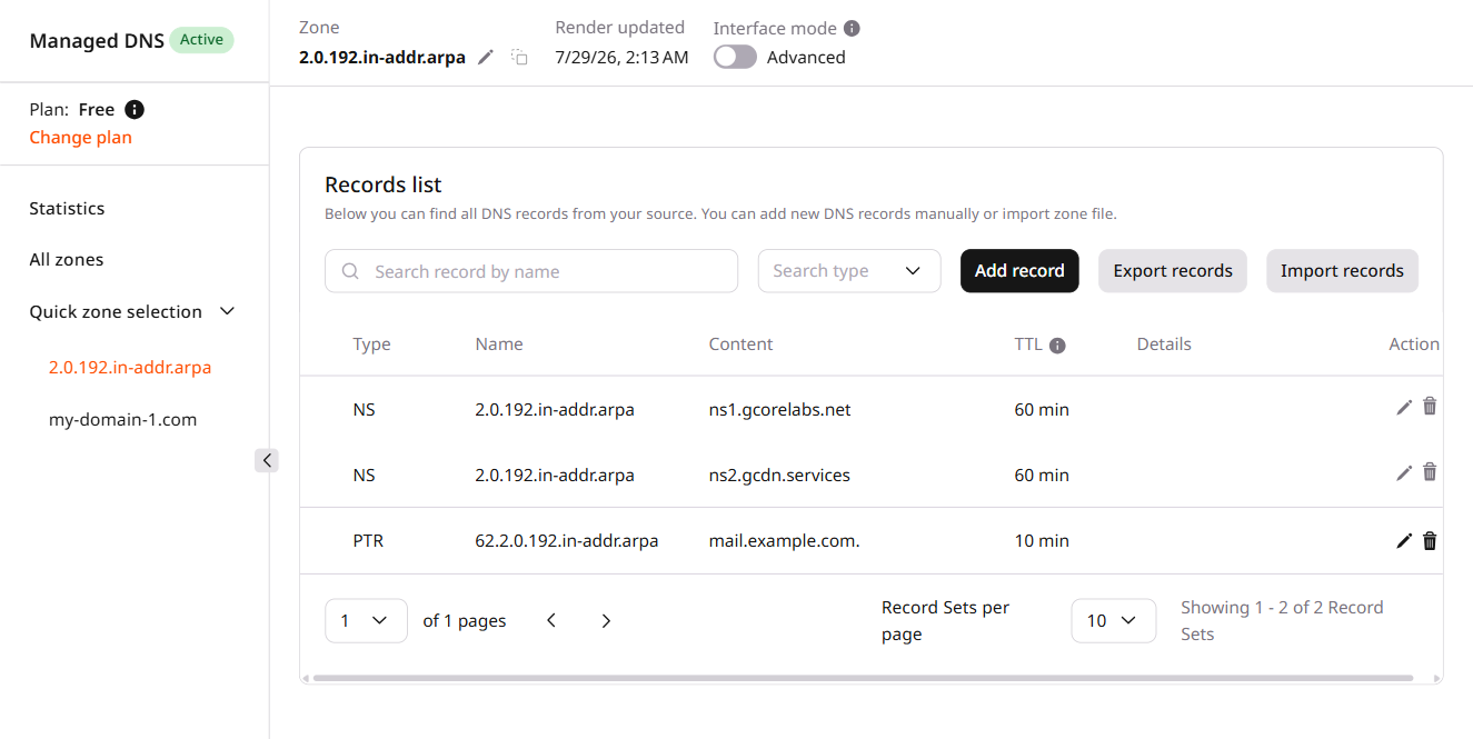 Reverse DNS zone records list after PTR record is added