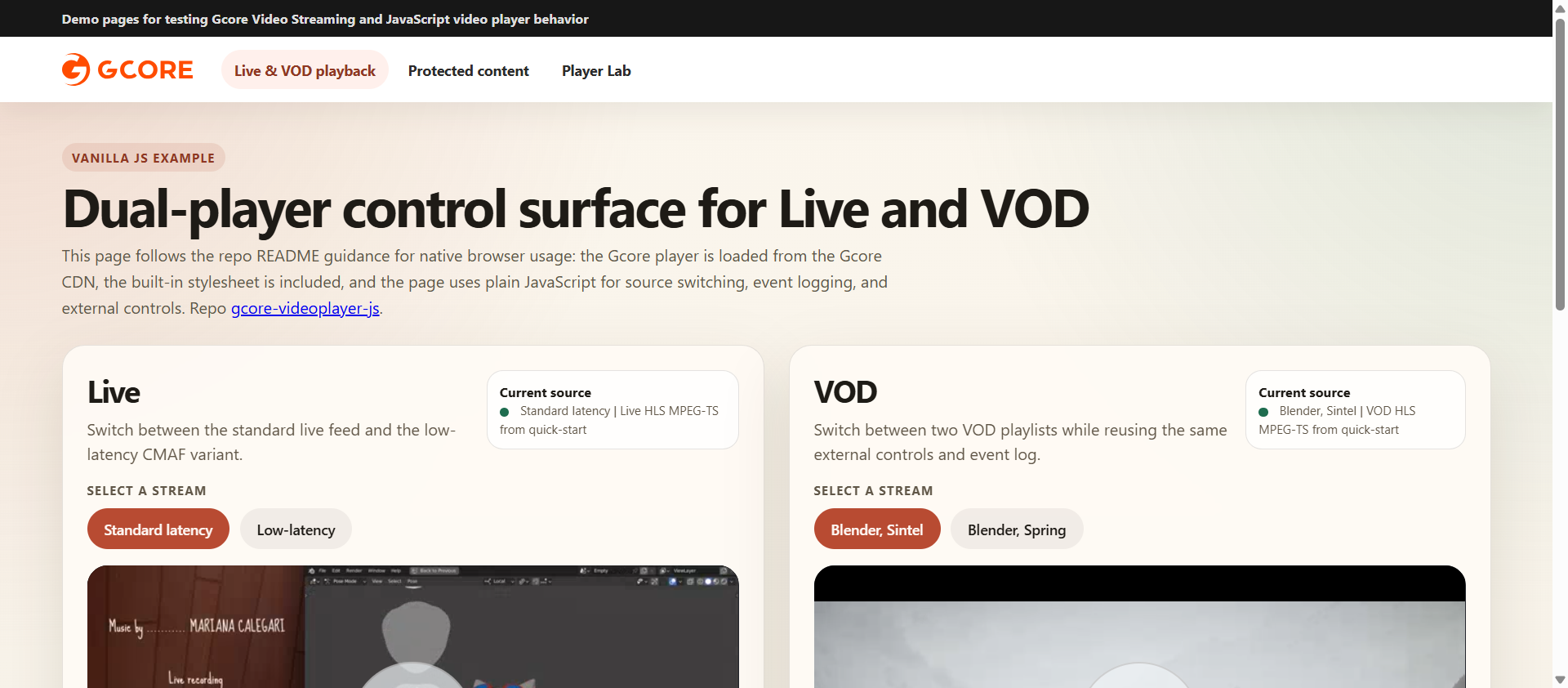Vanilla JS demo showing dual Live and VOD player panels with source switching and event log