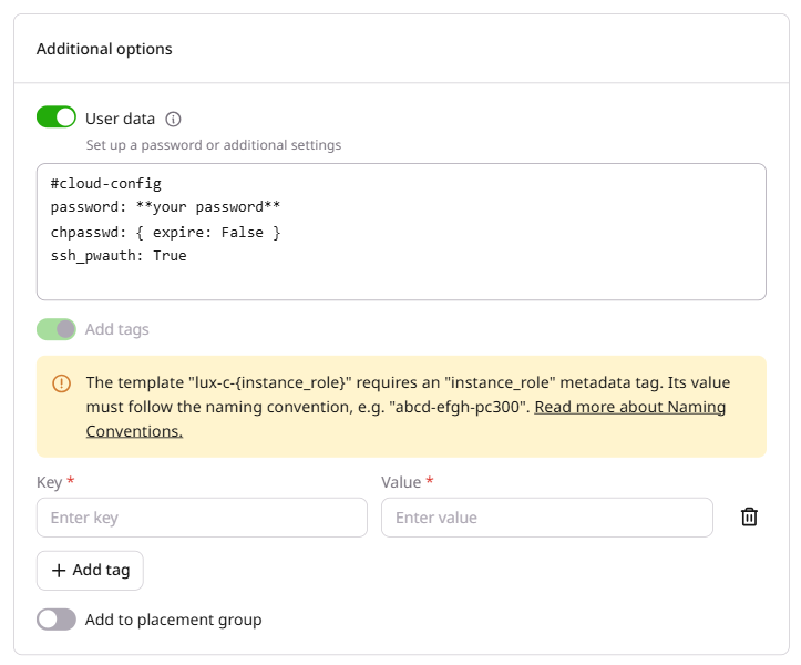 User data field enabled with default cloud-init template