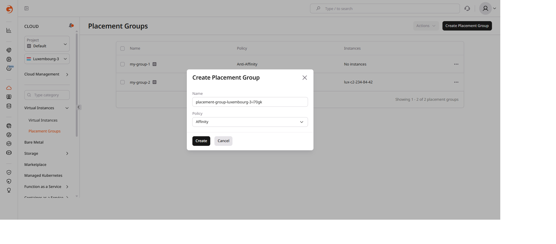 Create Placement Group dialog with Name and Policy fields