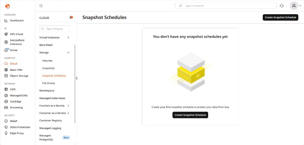 Snapshot Schedules page with Create Snapshot Schedule button