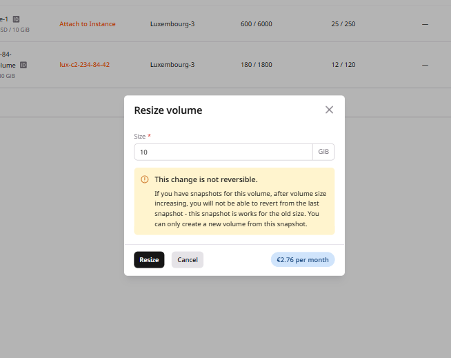 Dialog asking for a new volume size