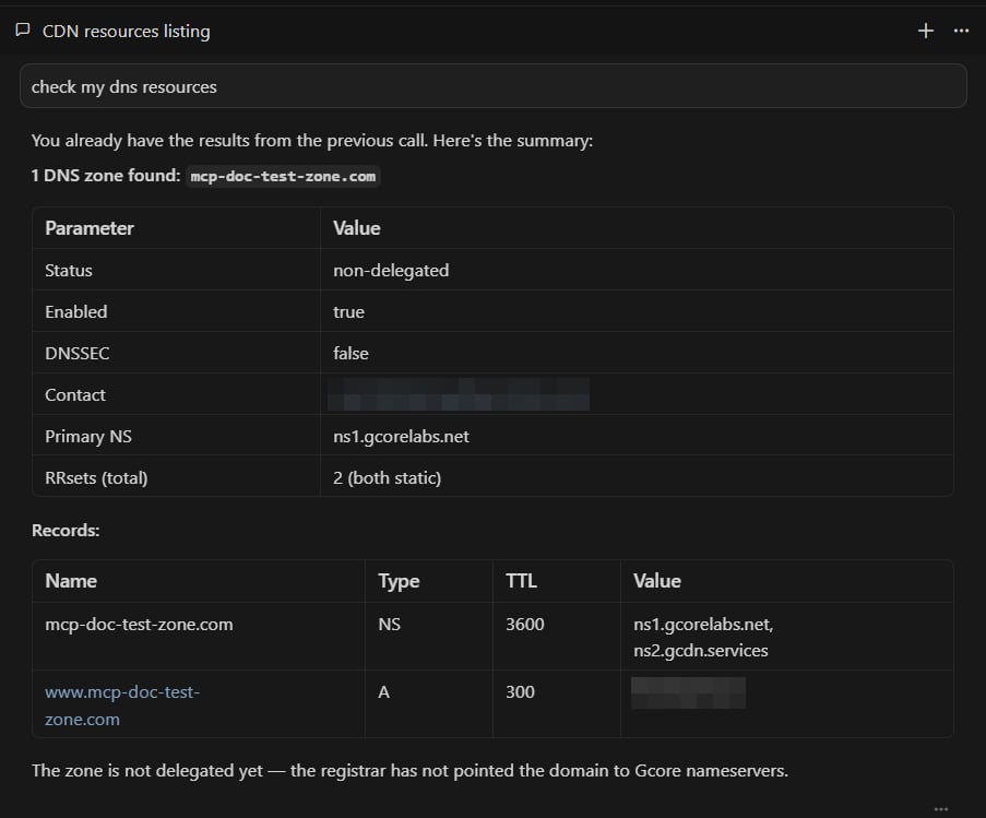 Cursor IDE returning DNS zone details via Gcore MCP Server