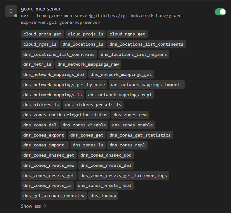 Gcore MCP Server connected in Cursor IDE settings with dns.* tools listed