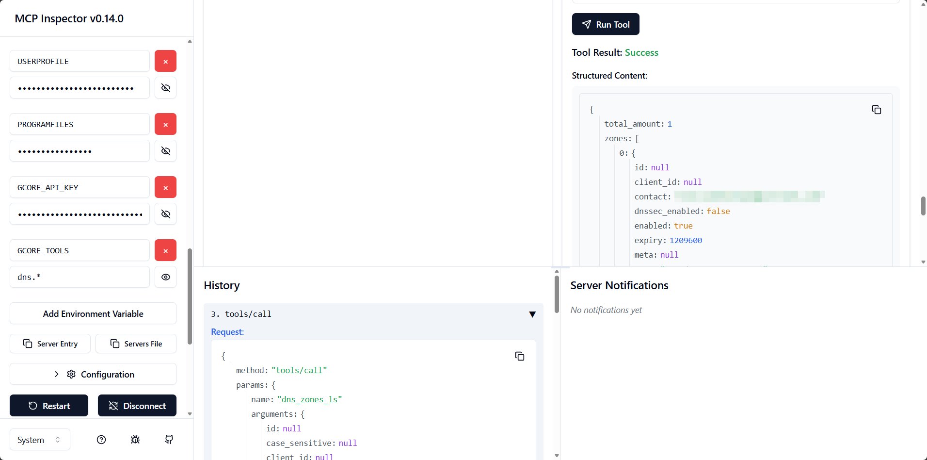 MCP Inspector showing dns_zones_ls tool execution with JSON response containing zone details