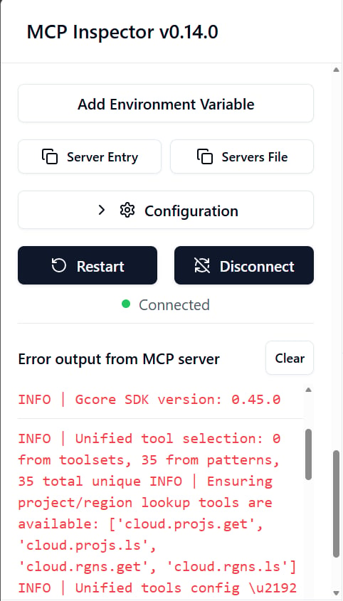 MCP Inspector server log showing Connected status and INFO logs with HTTP requests to Gcore API