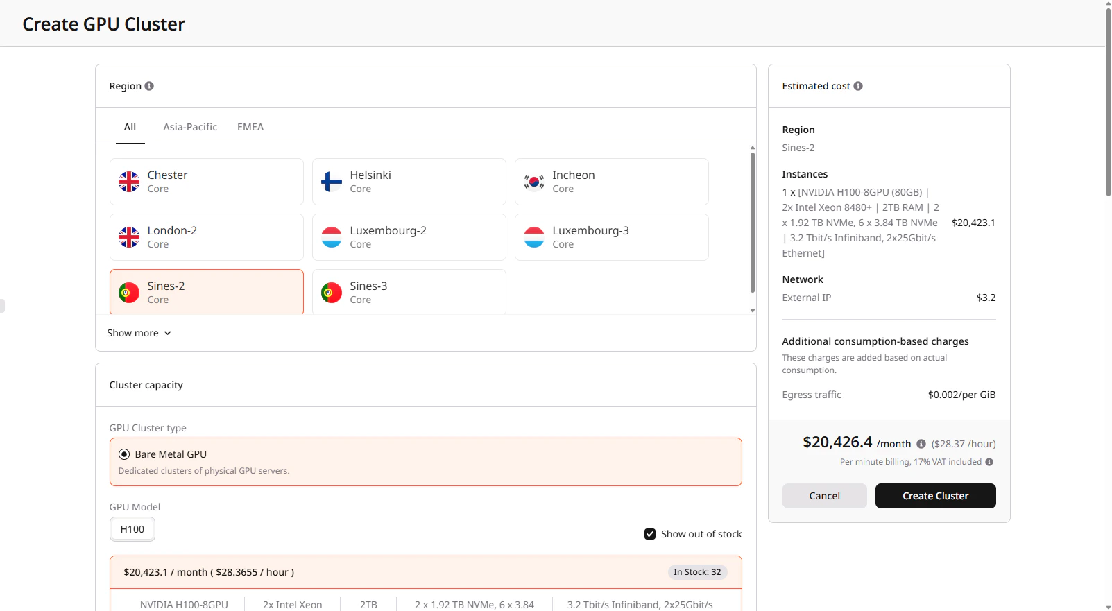 GPU Cloud create cluster page showing region selection, cluster type, and GPU configuration options