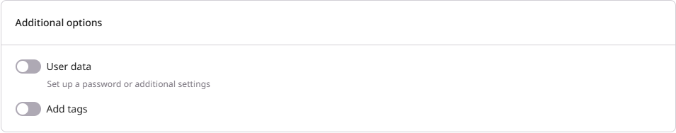 Additional options section with User data and Add tags checkboxes