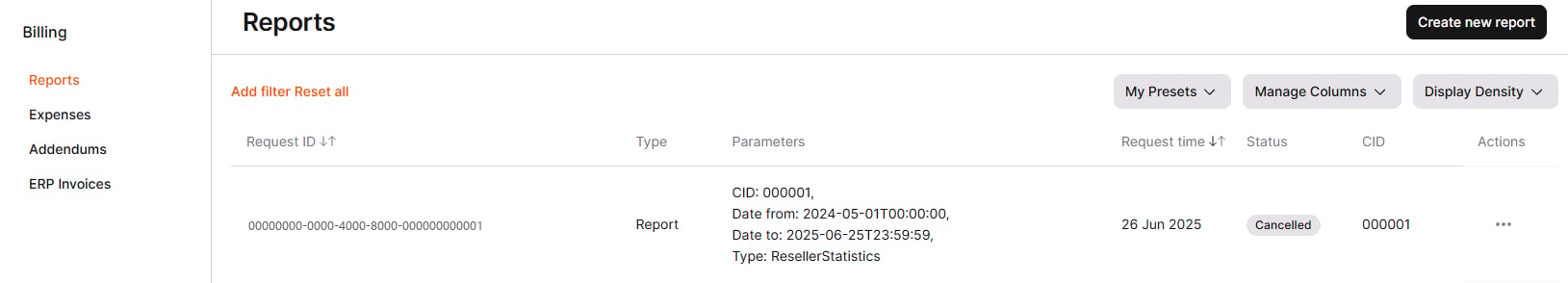 Reports page with one report row