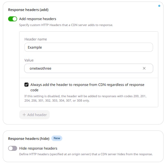 Response headers add form with multiple values entered on separate lines in the Value field