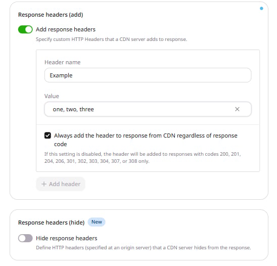 Response headers add form with comma-separated values in the Value field