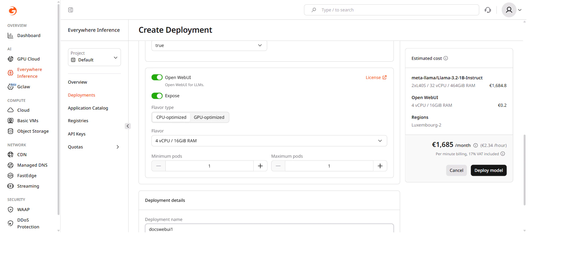 Deployment form with Open WebUI module enabled