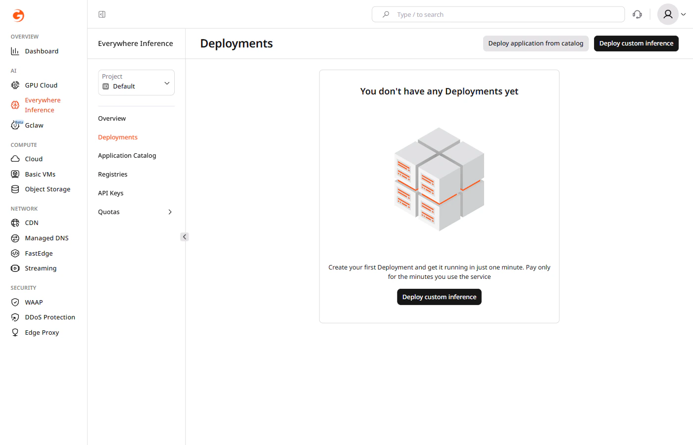 Deployments page showing the Deploy application from catalog and Deploy custom inference buttons