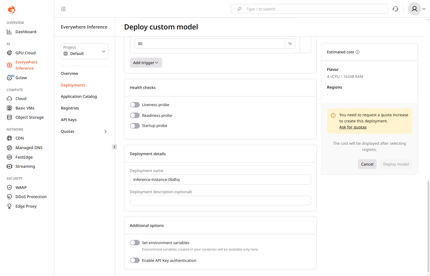 Deployment details and Additional options sections