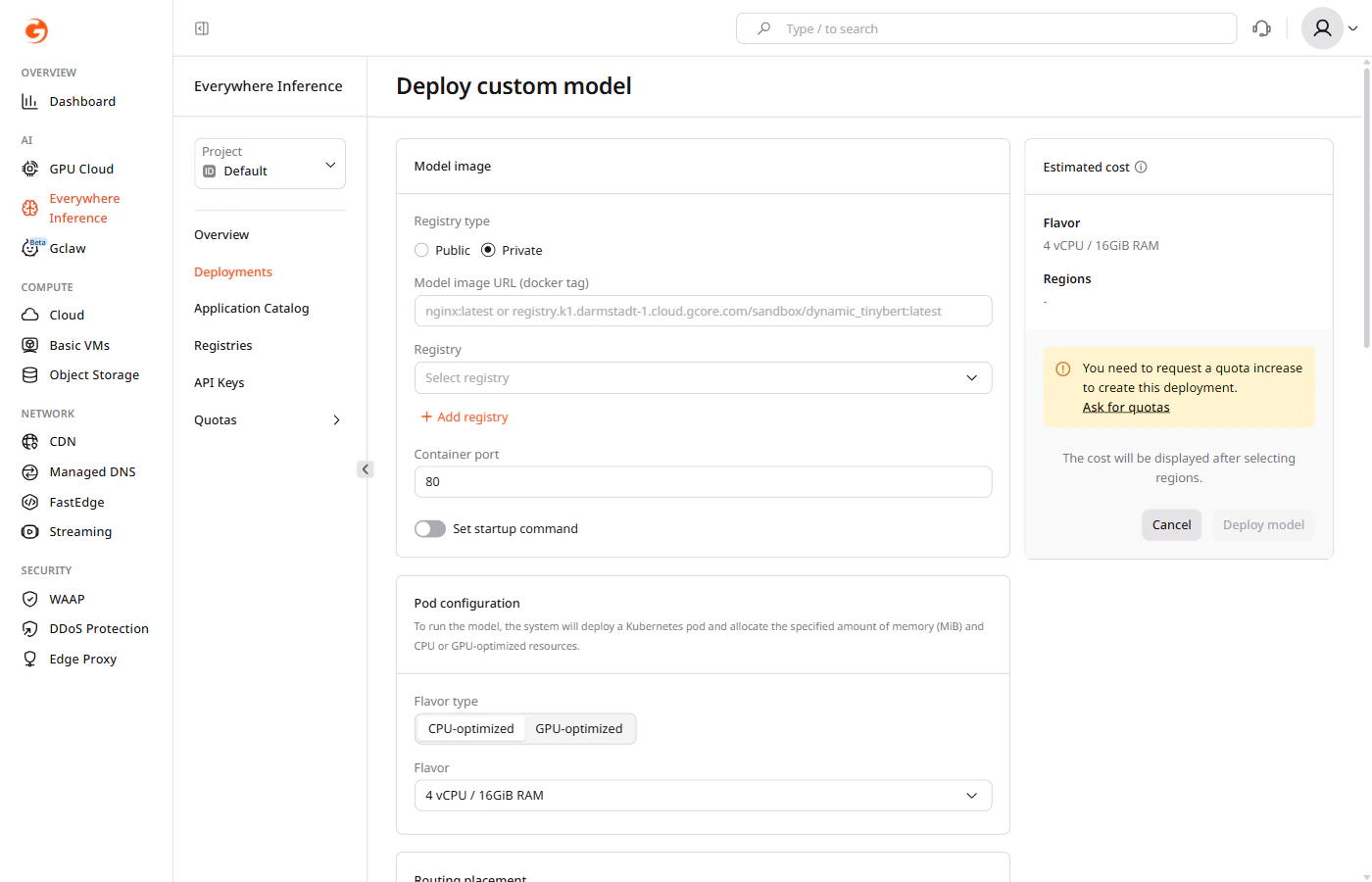 Model image section with Private registry type selected, showing Registry dropdown