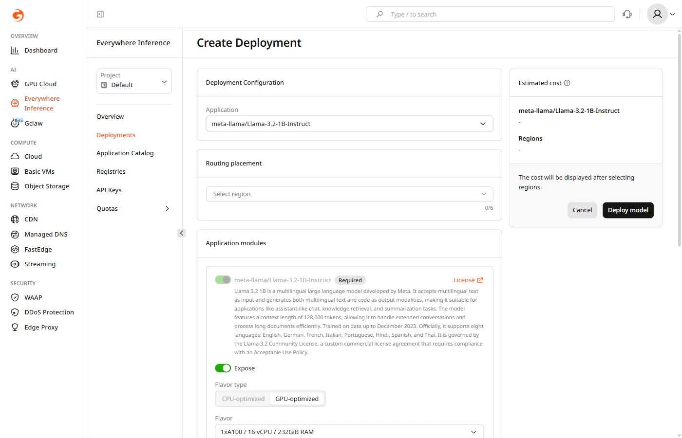 Create Deployment form — Deployment Configuration and Routing placement sections