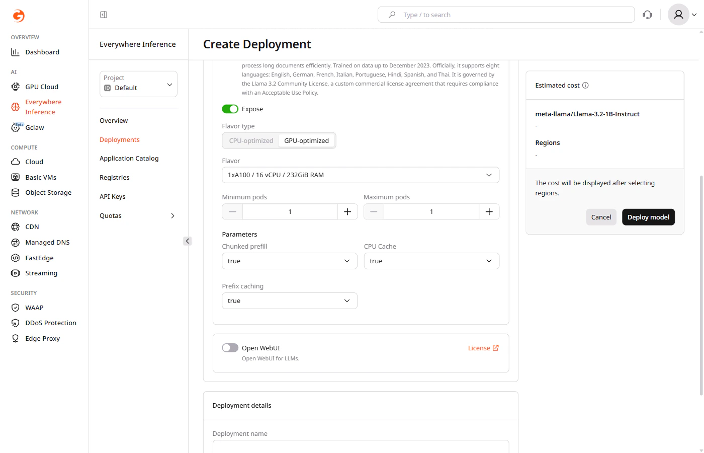 Application modules section showing Parameters and Open WebUI module