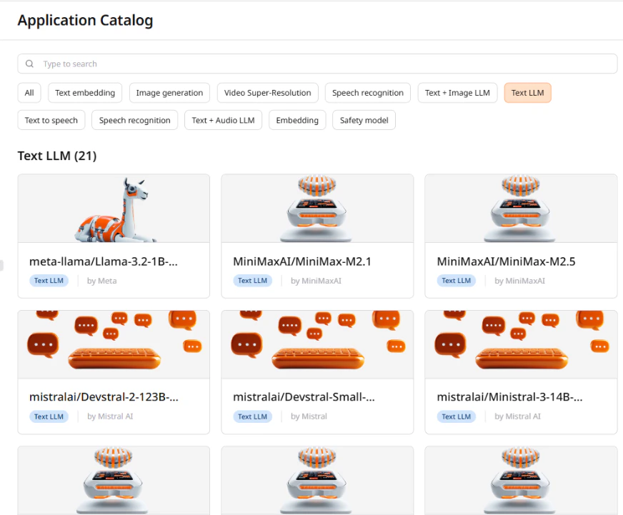 Application Catalog with Text LLM category filter applied