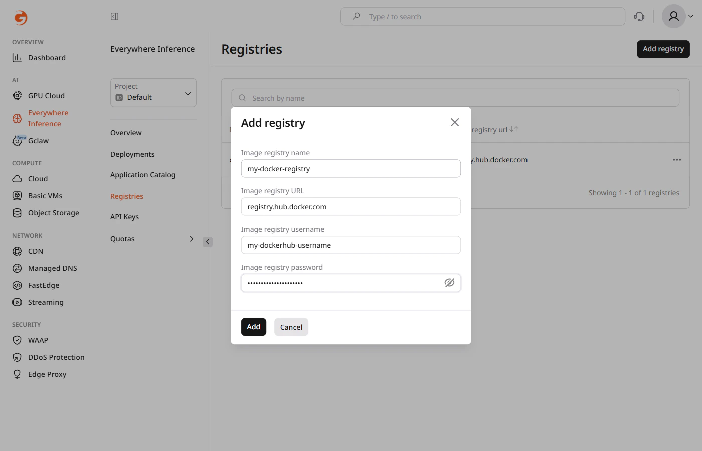 Add registry dialog filled with Docker Hub example values