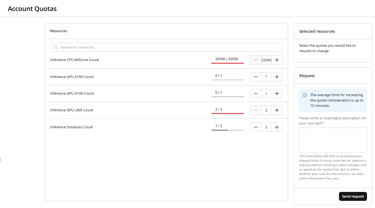 Account Quotas page showing available resources and the Request form