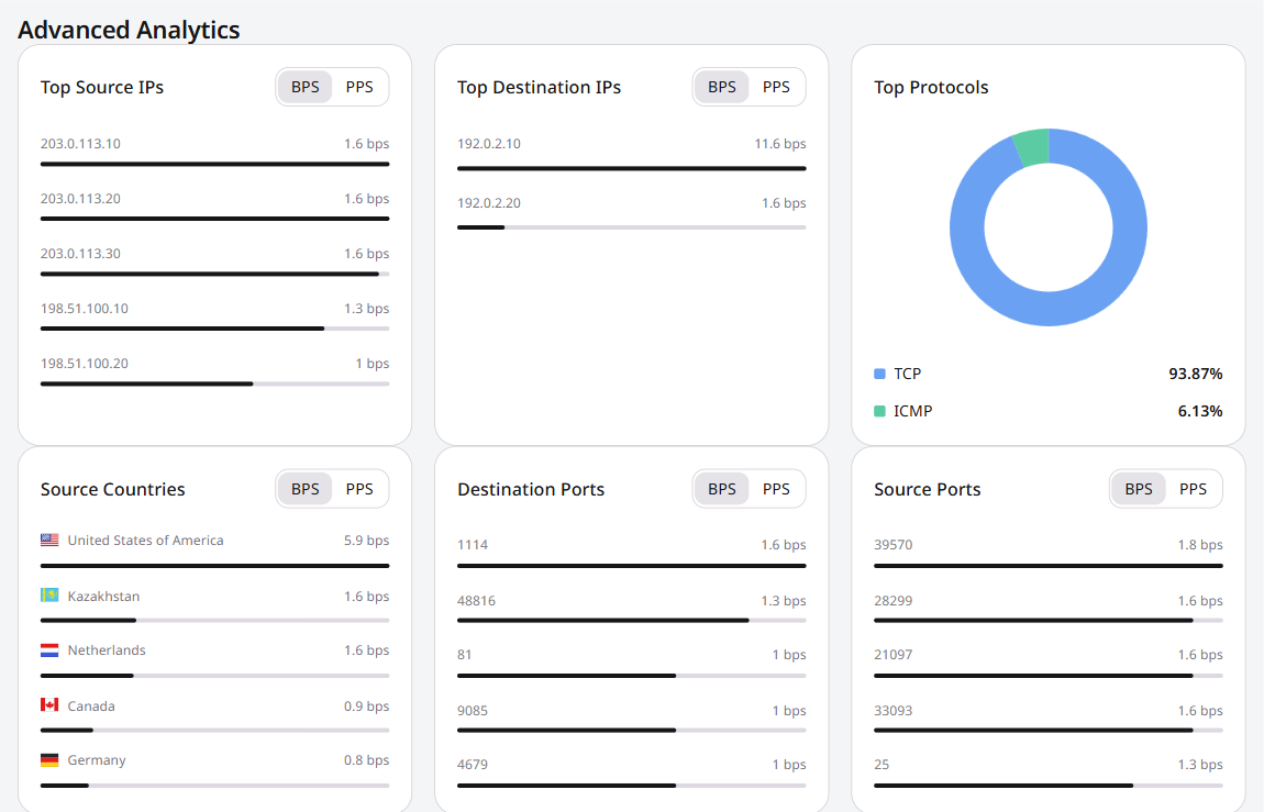 Advanced Analytics with Top Source IPs, Top Destination IPs, Top Protocols, countries, and ports