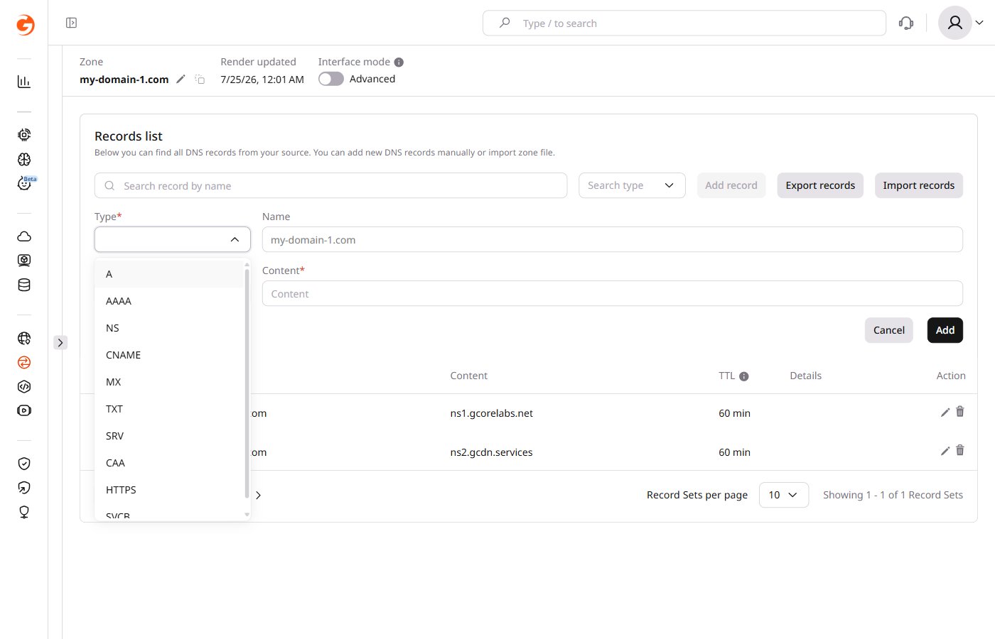Supported DNS record types
