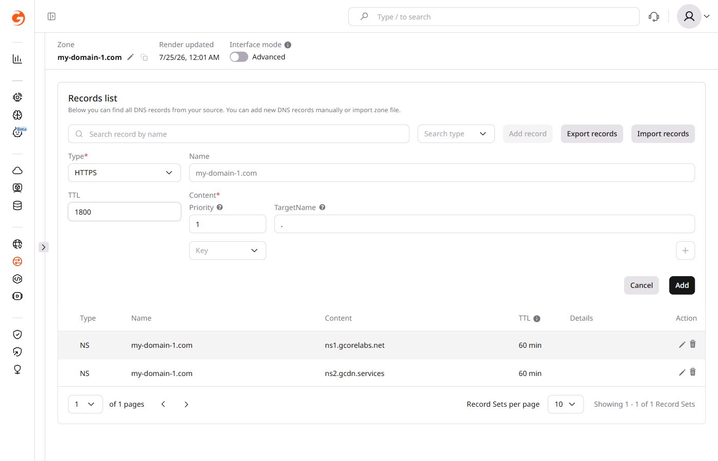 Example of adding an HTTPS record