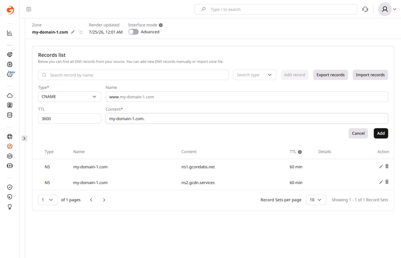 Example of adding an CNAME record