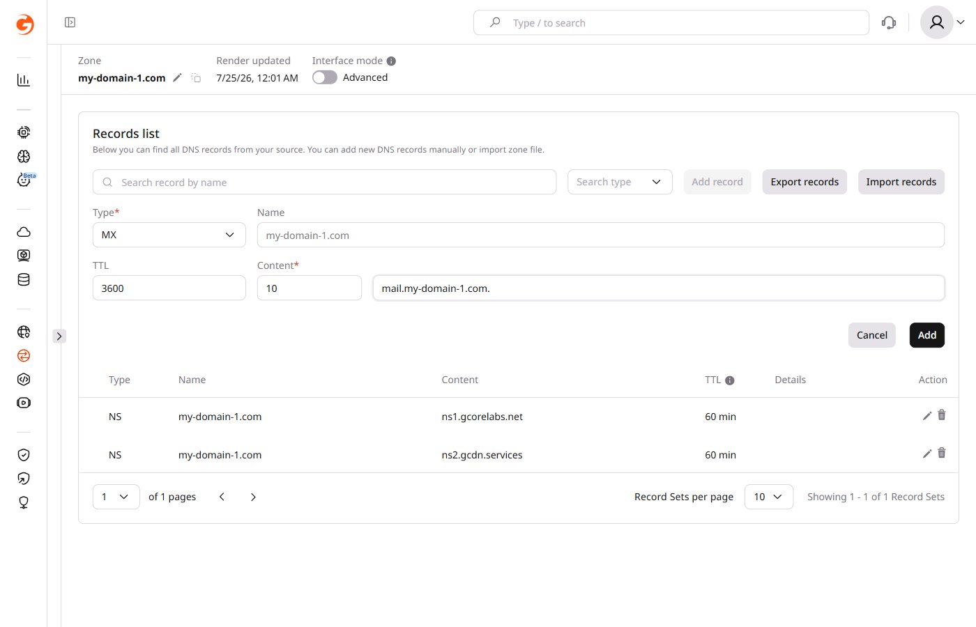 Example of adding an MX record