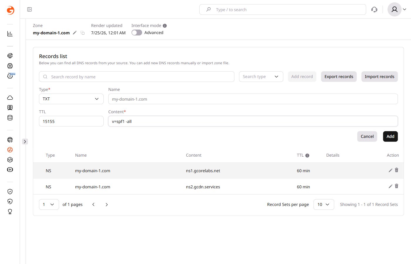 Example of adding a TXT record