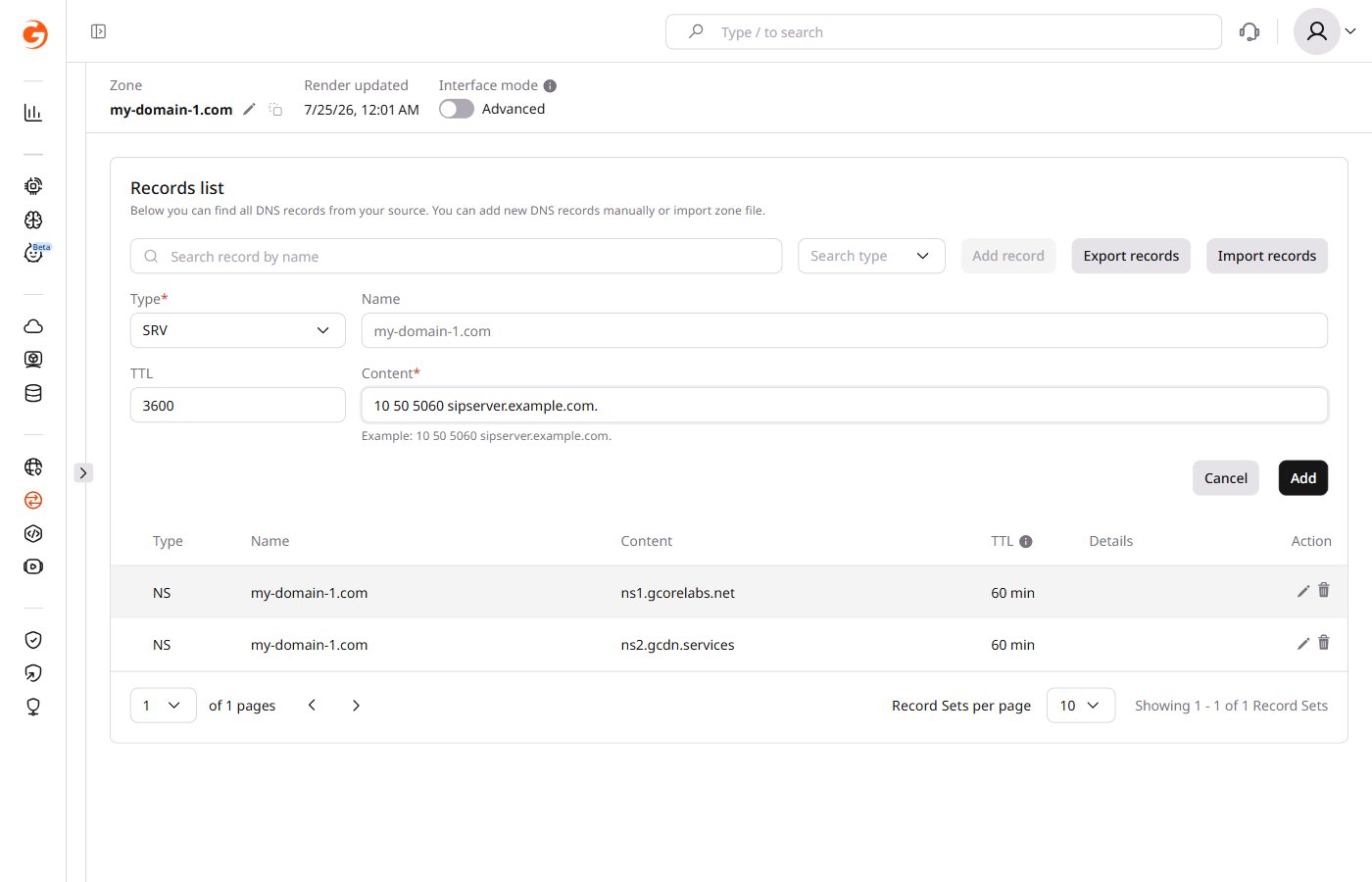 Example of adding a SRV record