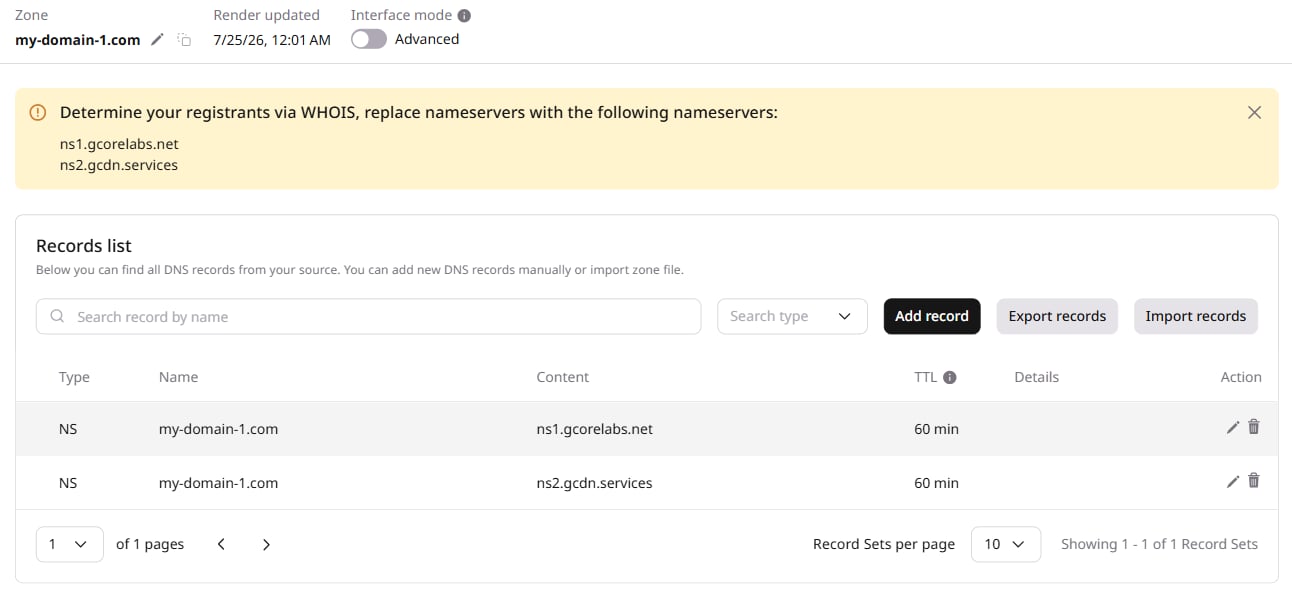 DNS zone records list with Add record, Export records, and Import records buttons