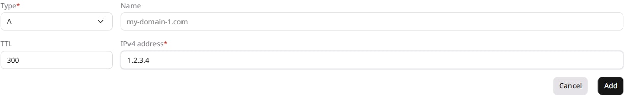 Add record form with Type, Name, TTL, and Content fields