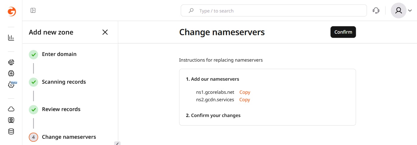 The Change nameservers page