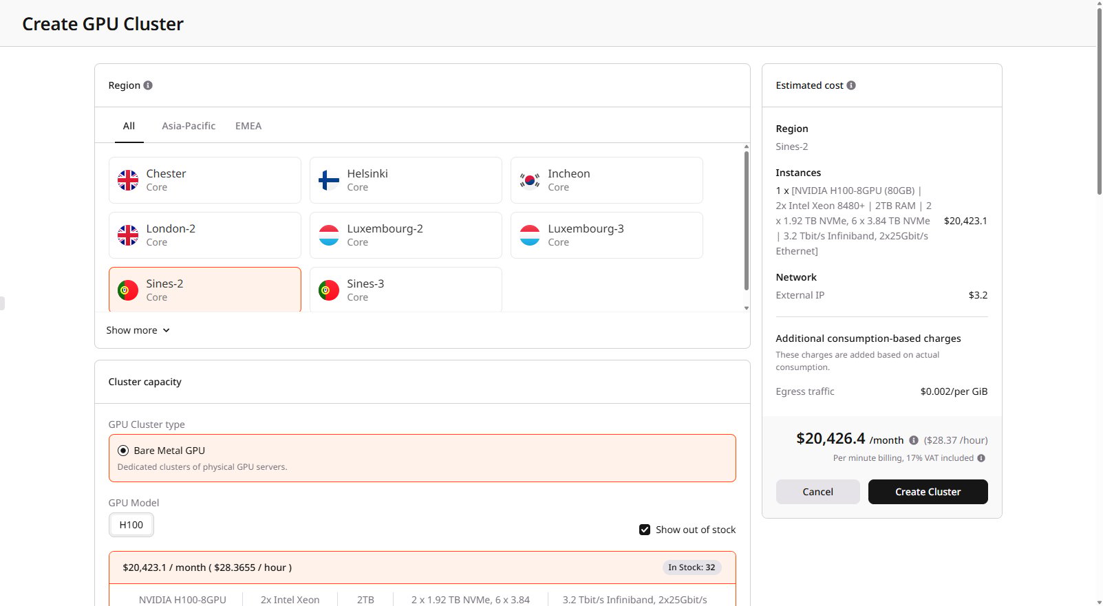 GPU Cloud create cluster page showing region selection, cluster type, and GPU configuration options