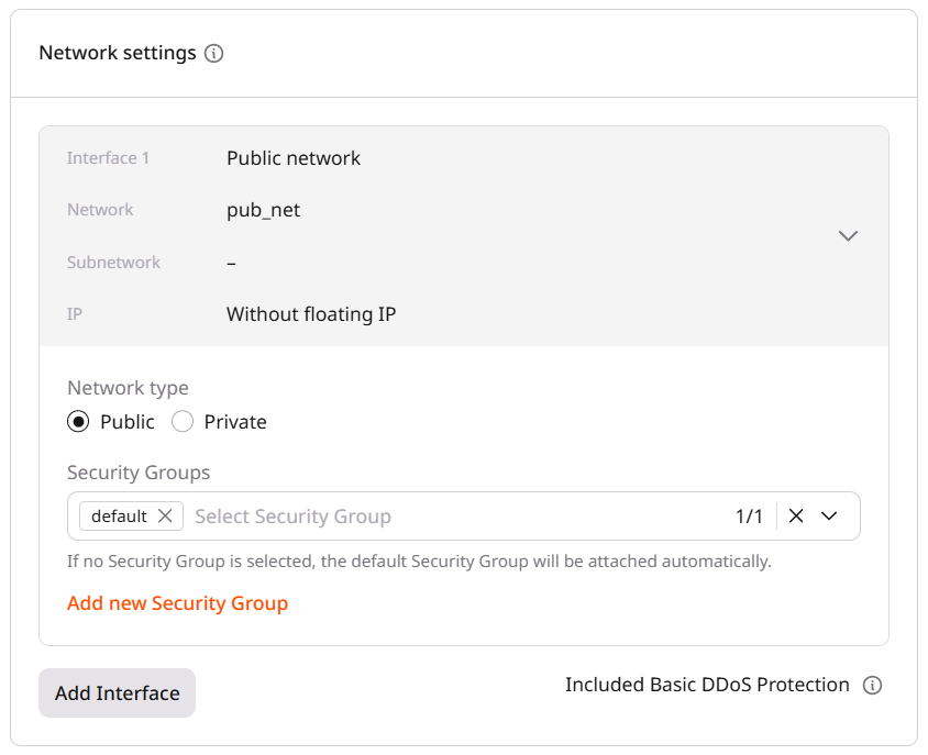 Security Groups field with default group selected per interface