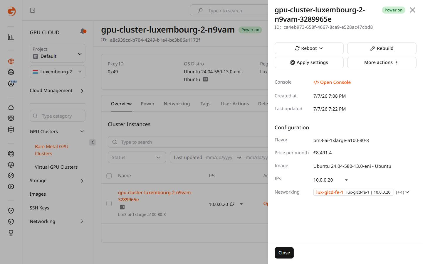 Node details panel showing Apply settings and Rebuild buttons with outdated configuration warning