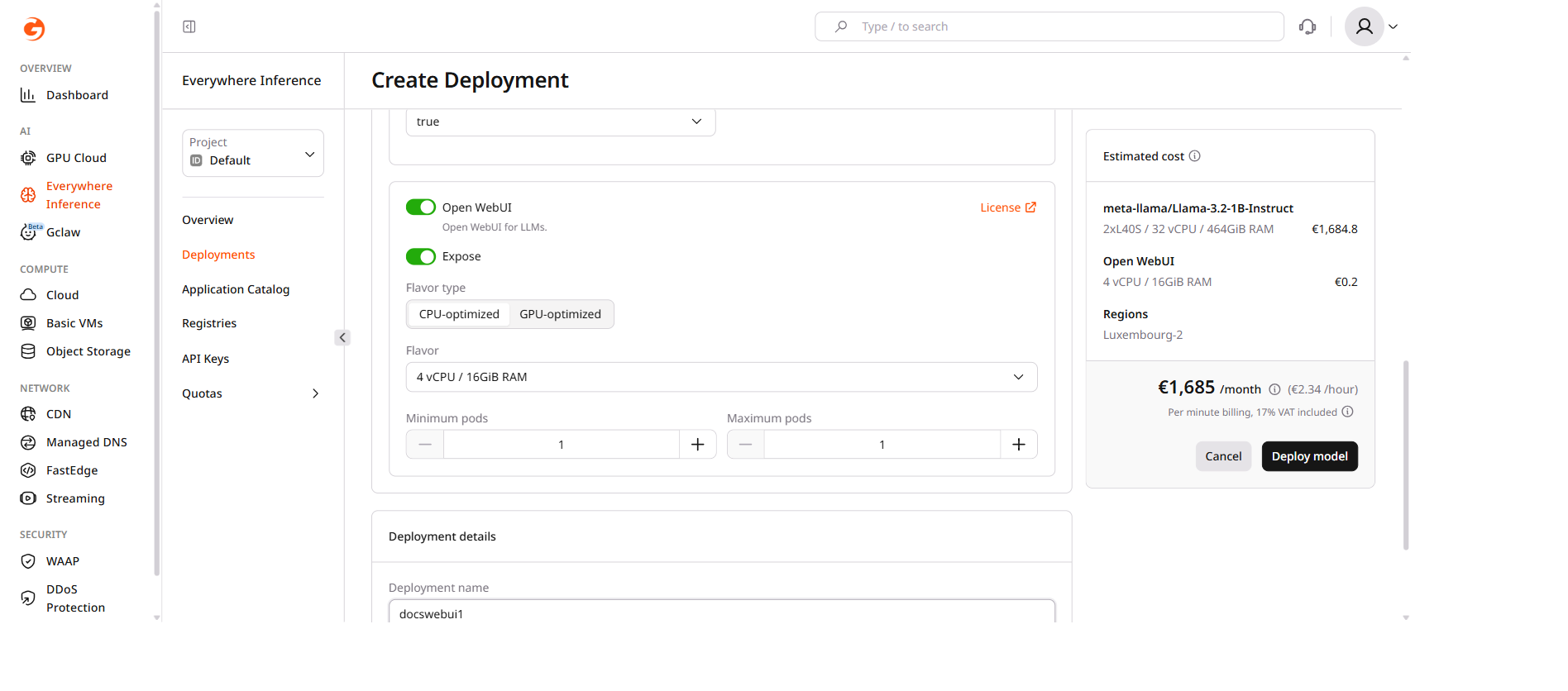 Deployment form with Open WebUI module enabled