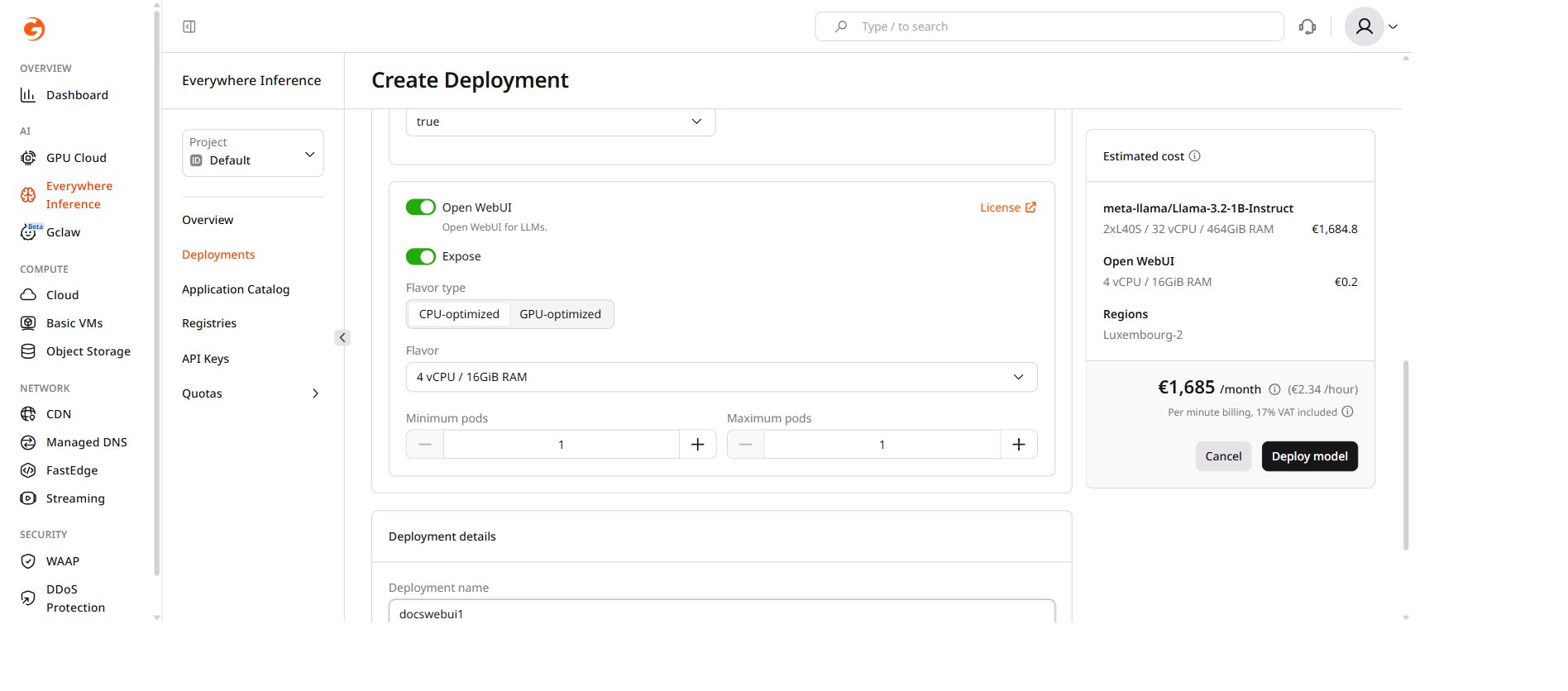 Deployment form with Open WebUI module enabled