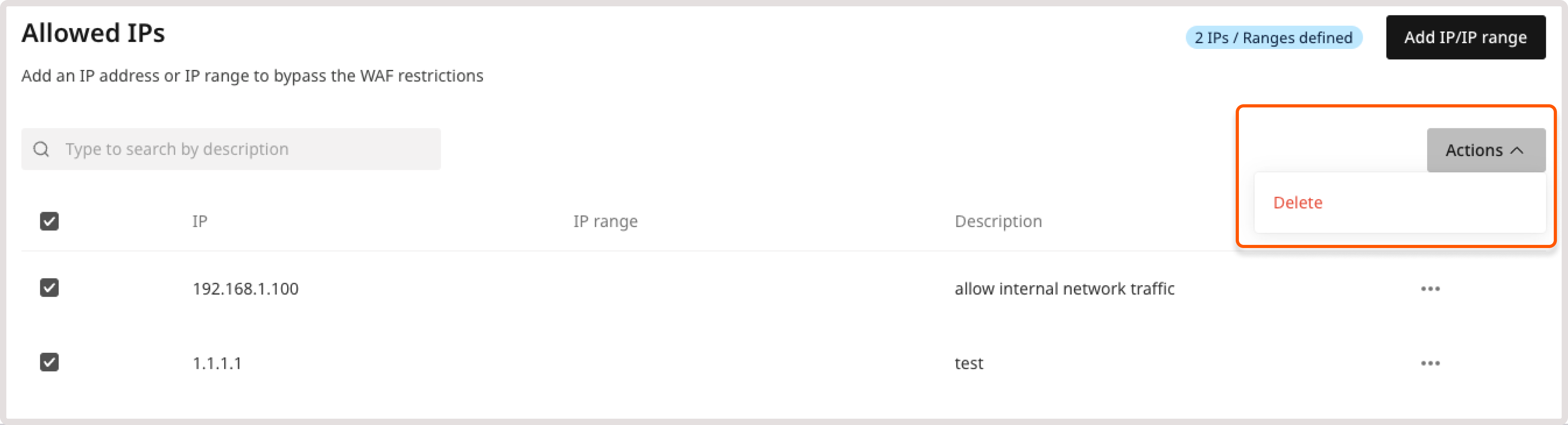 Actions dropdown on the Firewall page