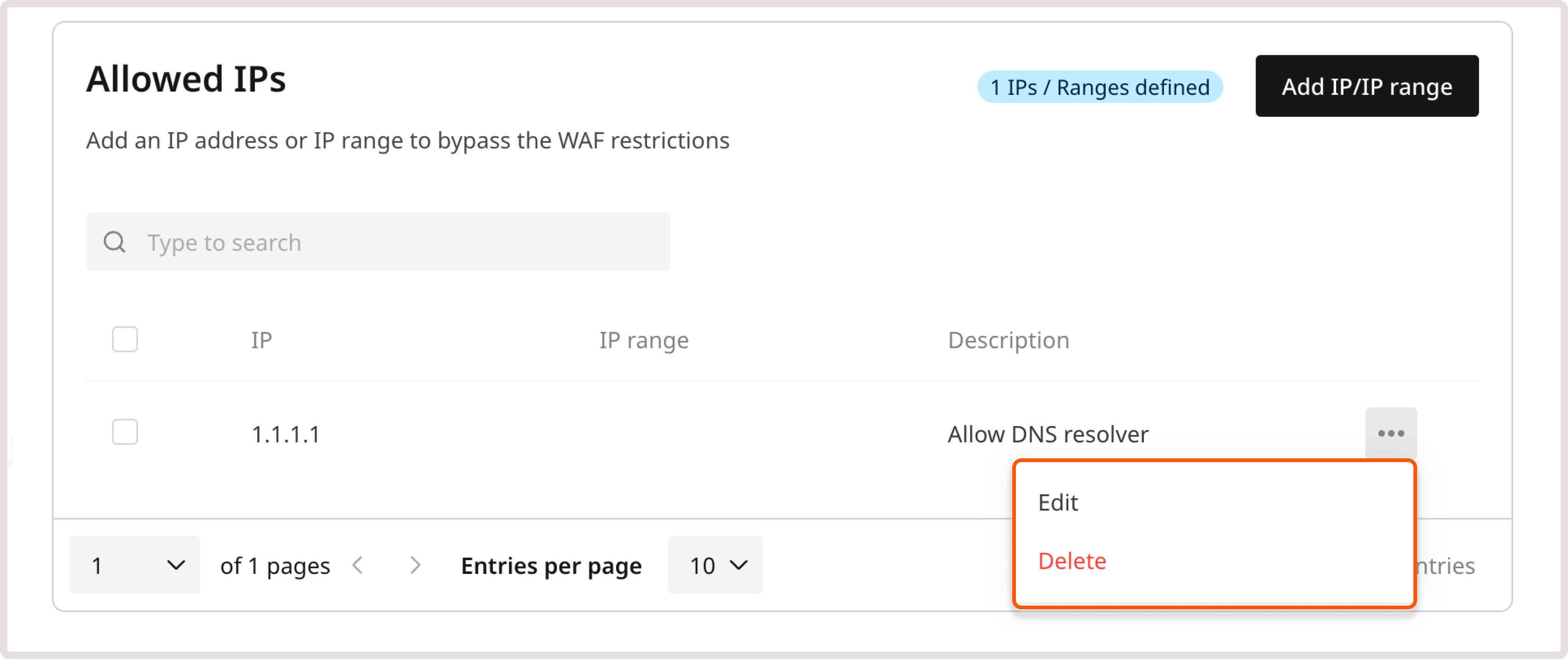 Allowed IPs table with IP management options
