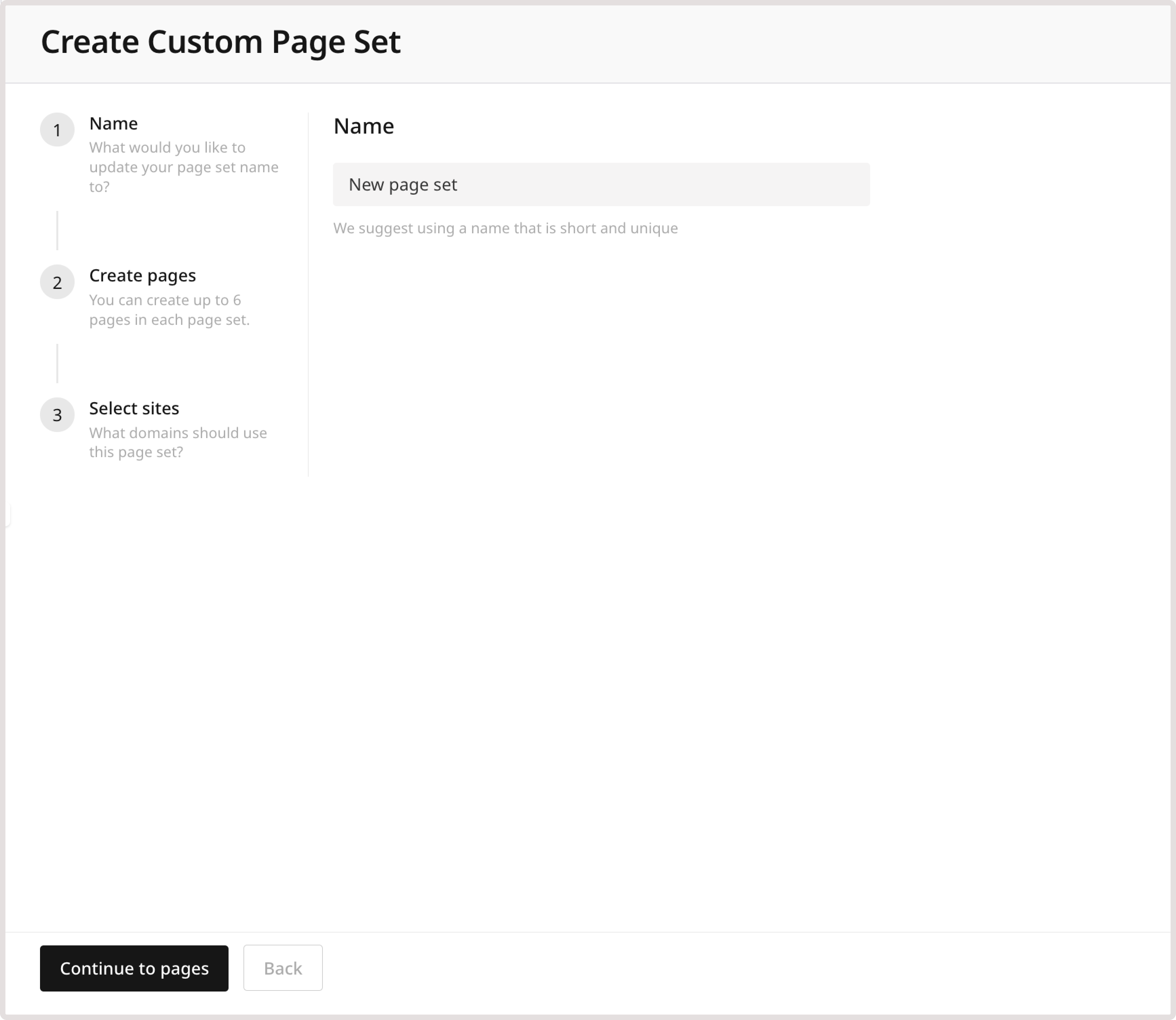 Create response page set dialog