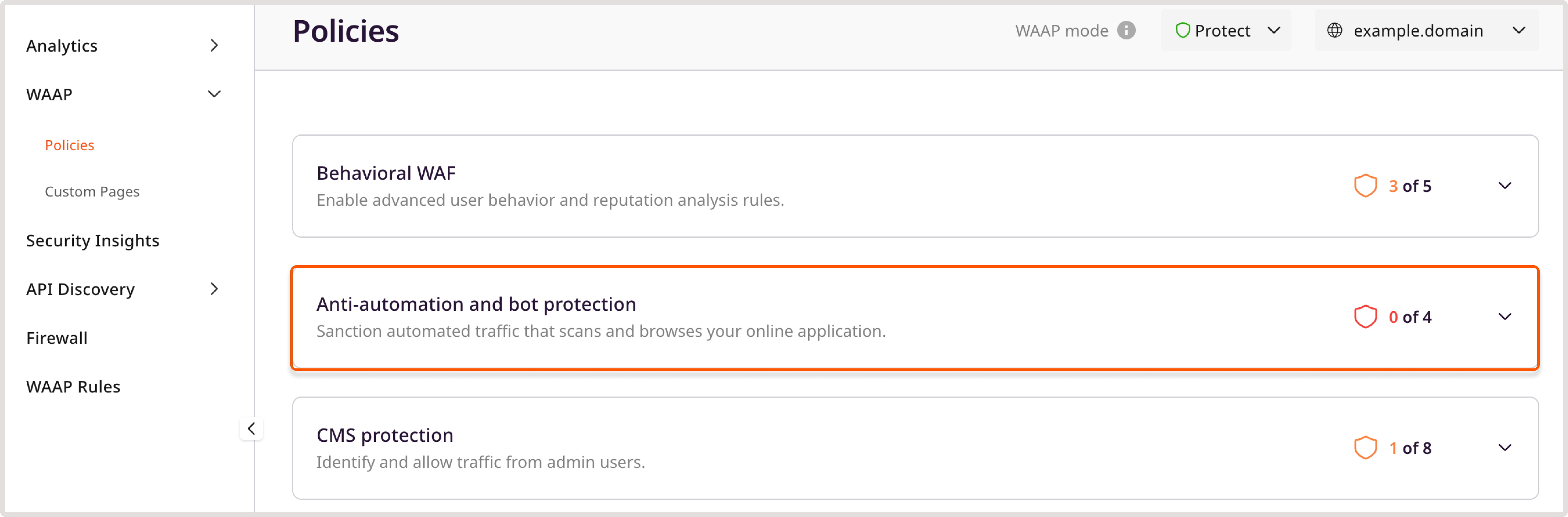 WAAP policies page with the highlighted Anti-automation and bot protection policy